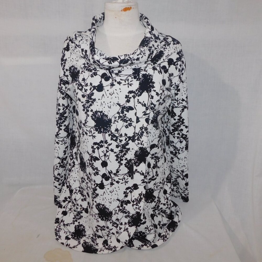 Blondie Apparel Canada Black White Floral Cross Front Sweater Cowl Neck Womens M